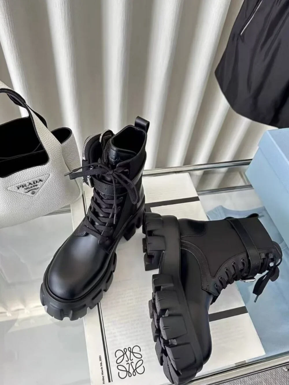 Prada Detachable Pocket Lug Sole Leather Combat Boots